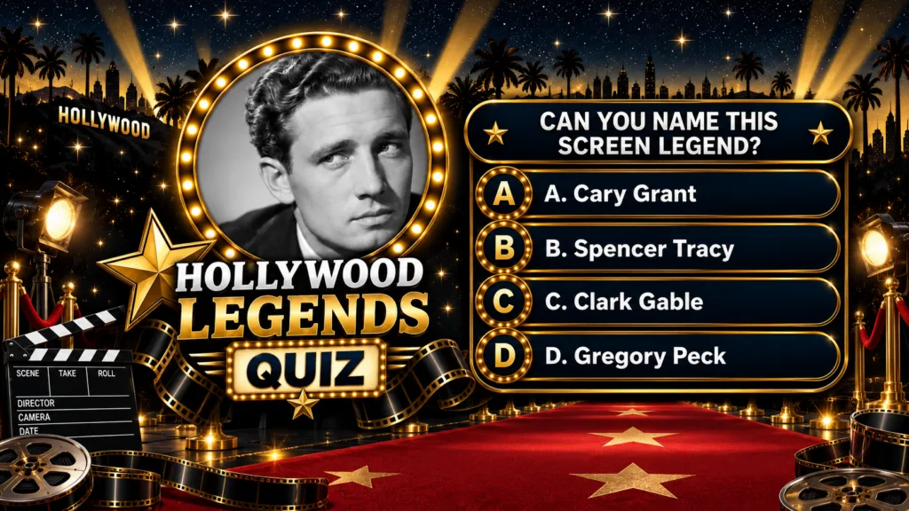 A vibrant golden-themed quiz graphic titled HOLLYWOOD LEGENDS QUIZ featuring a classic actor s black-and-white portrait 