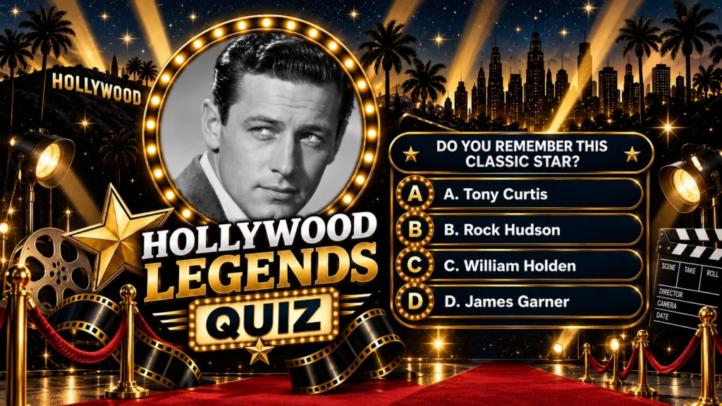 A vertical quiz graphic with a black and white portrait of William Holden circled by golden lights a title HOLLYWOOD LEG