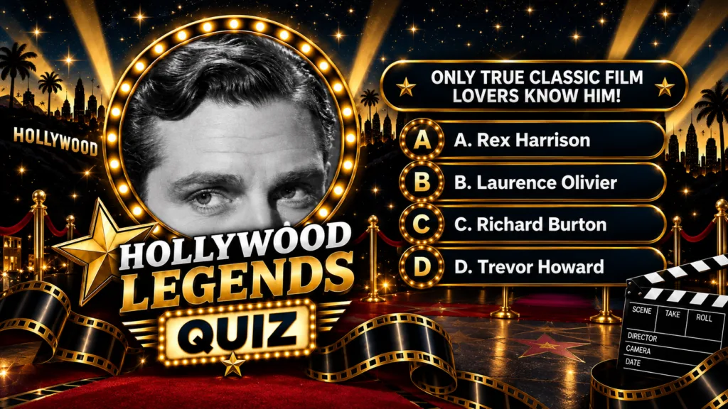 A vintage-style quiz poster featuring Laurence Olivier s portrait and the title Hollywood Legends Quiz