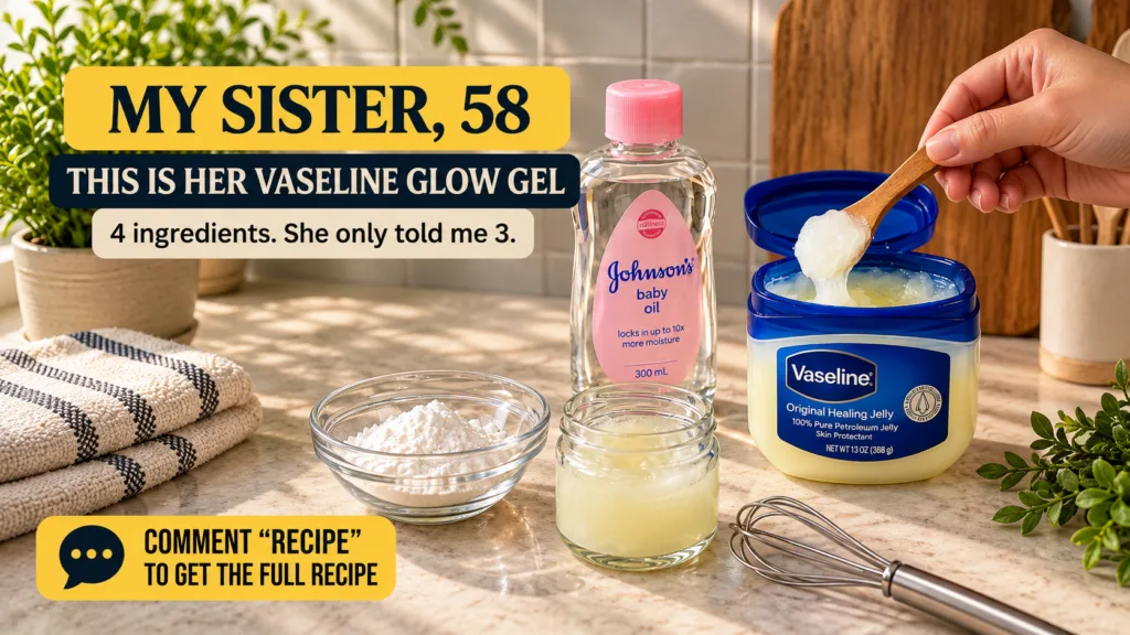 Ingredients for Vaseline Glow Gel Vaseline baby oil white powder in a bowl a jar of mixed gel and a whisk all on a light