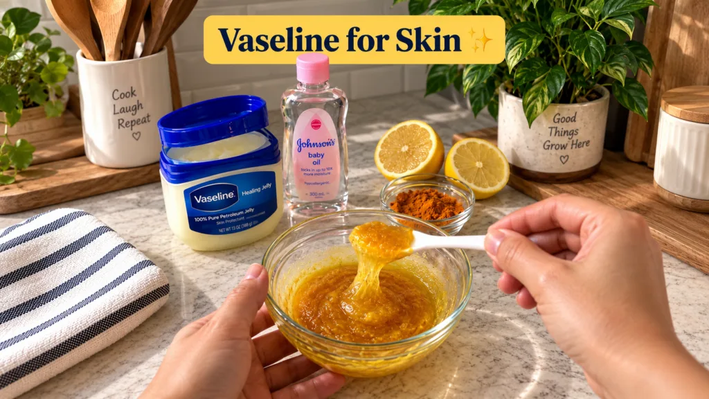 A person s hands holding a bowl of golden DIY skin mixture surrounded by Vaseline baby oil sliced lemons and turmeric po