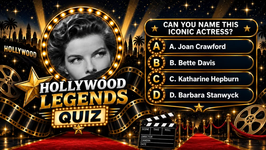 A vintage-style quiz poster featuring a black and white portrait of Katharine Hepburn in a circular frame with glowing l