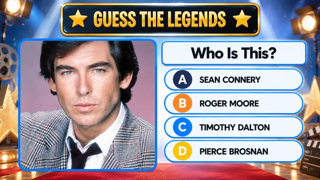A quiz interface showing a cropped headshot of Pierce Brosnan with the question Who Is This and multiple-choice options