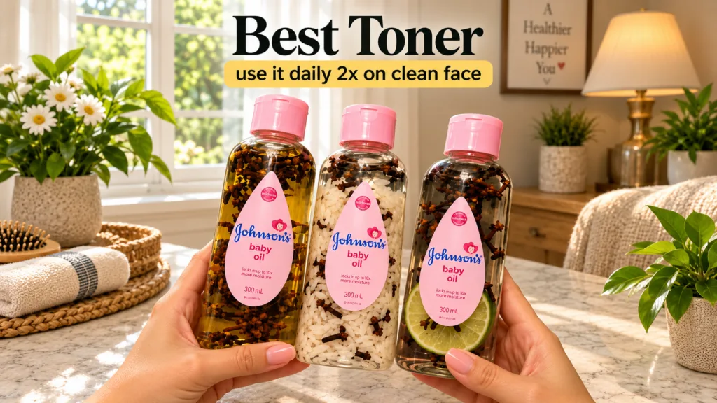 Three clear bottles of Johnson s baby oil each infused with natural ingredients like cloves rice and lime held by hands