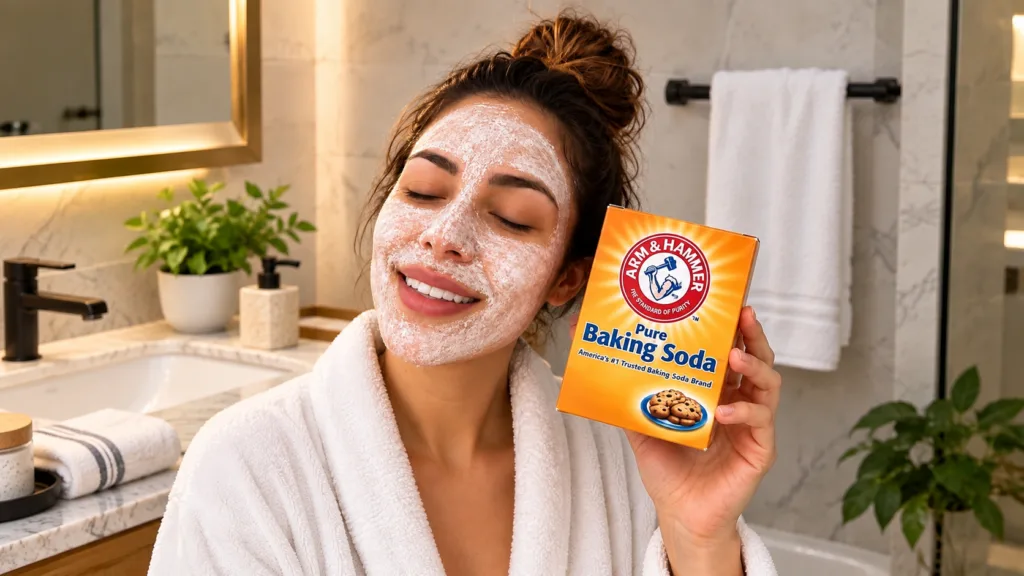A young woman with a white face mask eyes closed smiling gently holding a box of Arm Hammer Pure Baking Soda