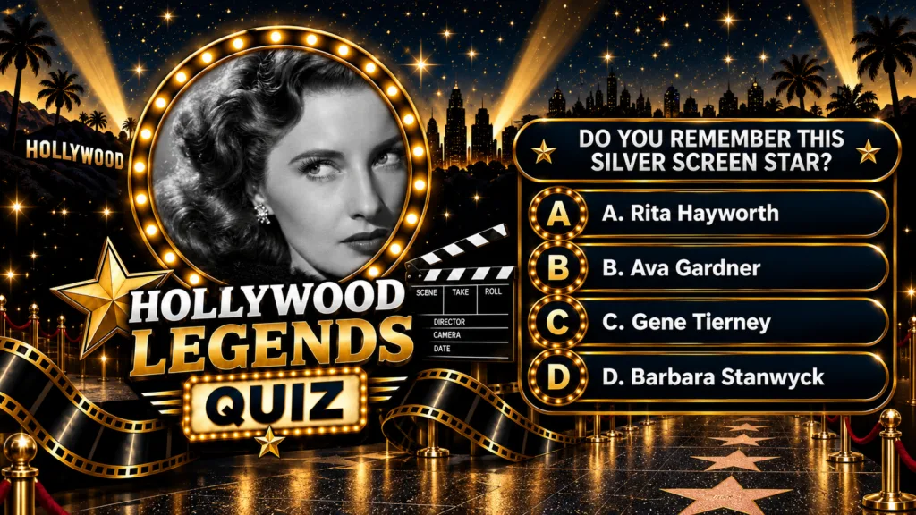 A glamorous Hollywood Legends Quiz graphic featuring a classic black-and-white portrait of an actress Gene Tierney frame