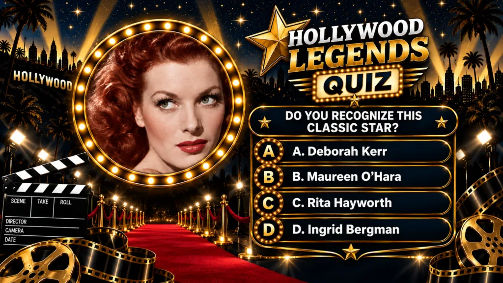 A vertical quiz poster titled Hollywood Legends Quiz featuring a classic film star Maureen O Hara within a golden circul