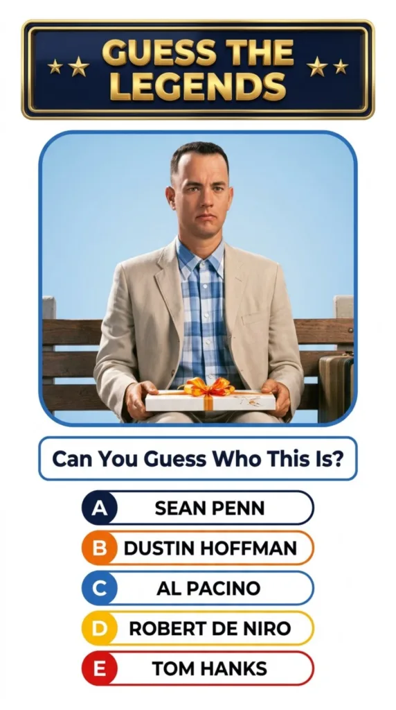 A man portraying Forrest Gump seated on a wooden bench holding a white box with an orange ribbon He is wearing a plaid s