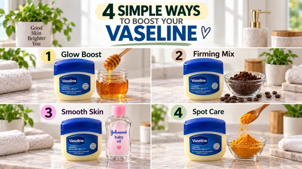 A brightly lit top-down grid collage featuring four different skincare hacks using Vaseline Original Healing Jelly Each 