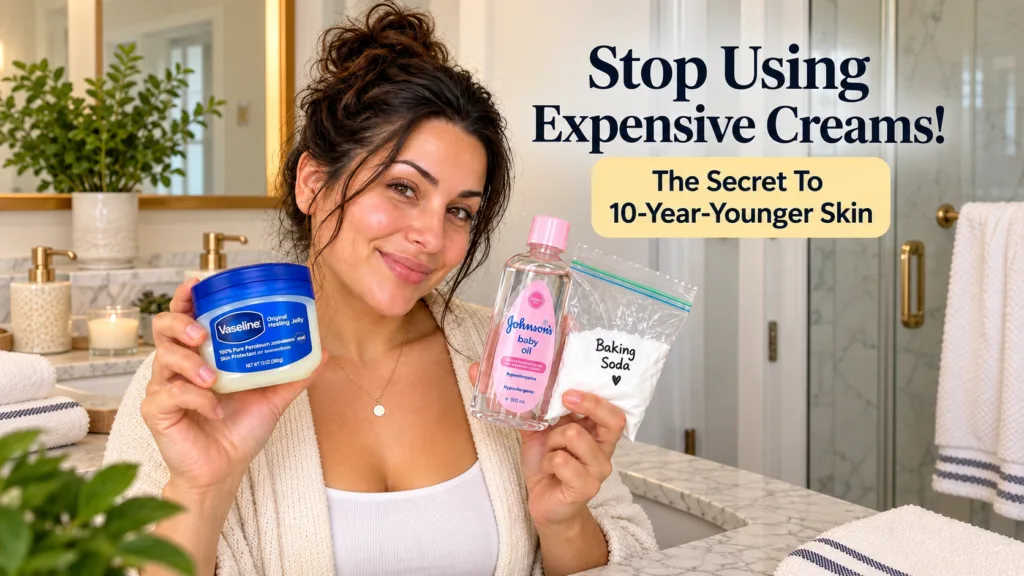 A smiling woman in a bathroom holding up a jar of Vaseline a bottle of baby oil and a bag of baking soda looking directl