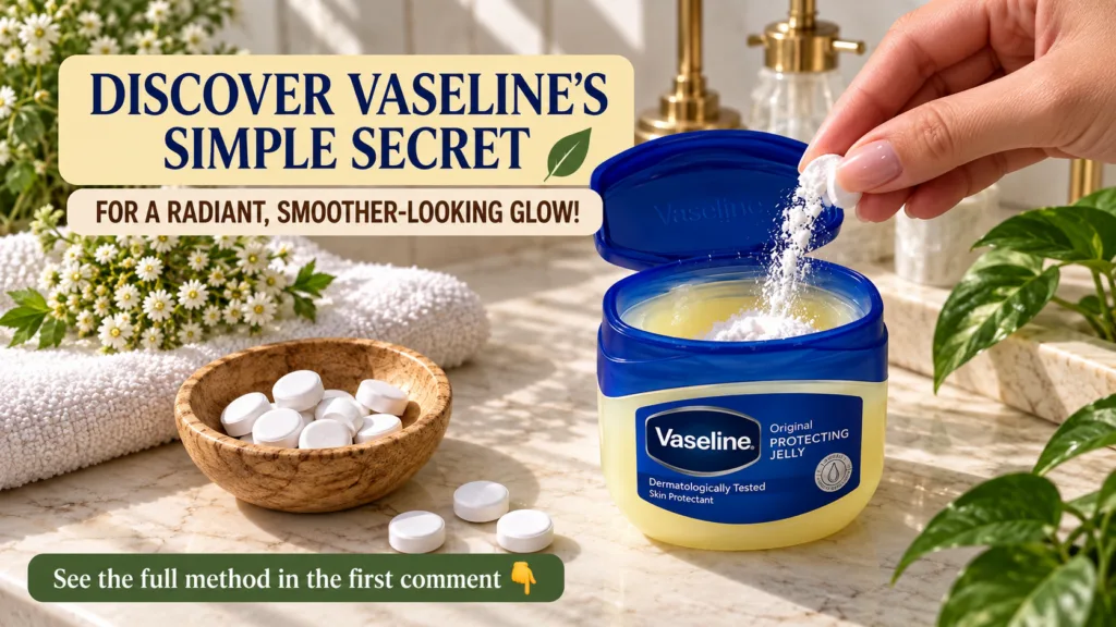 A hand dropping fine white powder from small pills into an open jar of Vaseline Original Protecting Jelly The jar is on