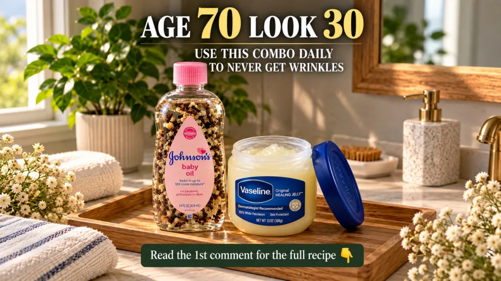 A bottle of Johnson s baby oil and a tub of Vaseline Original Healing Jelly on a wooden tray with a soft striped towel a