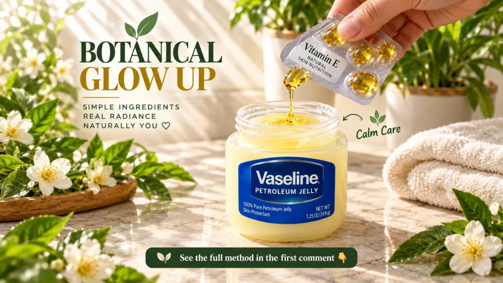 A hand dripping golden Vitamin E oil from a capsule into a jar of Vaseline surrounded by white jasmine flowers and green