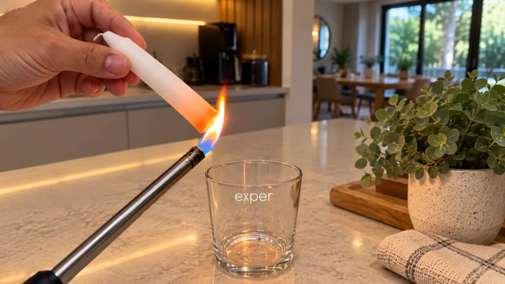 A hand holding a white candle being lit by a long metal lighter creating a vibrant flame and gentle ambiance in a home i