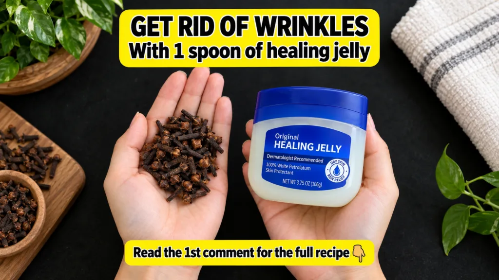Hands holding dried cloves and a small tub of petroleum jelly against a dark background