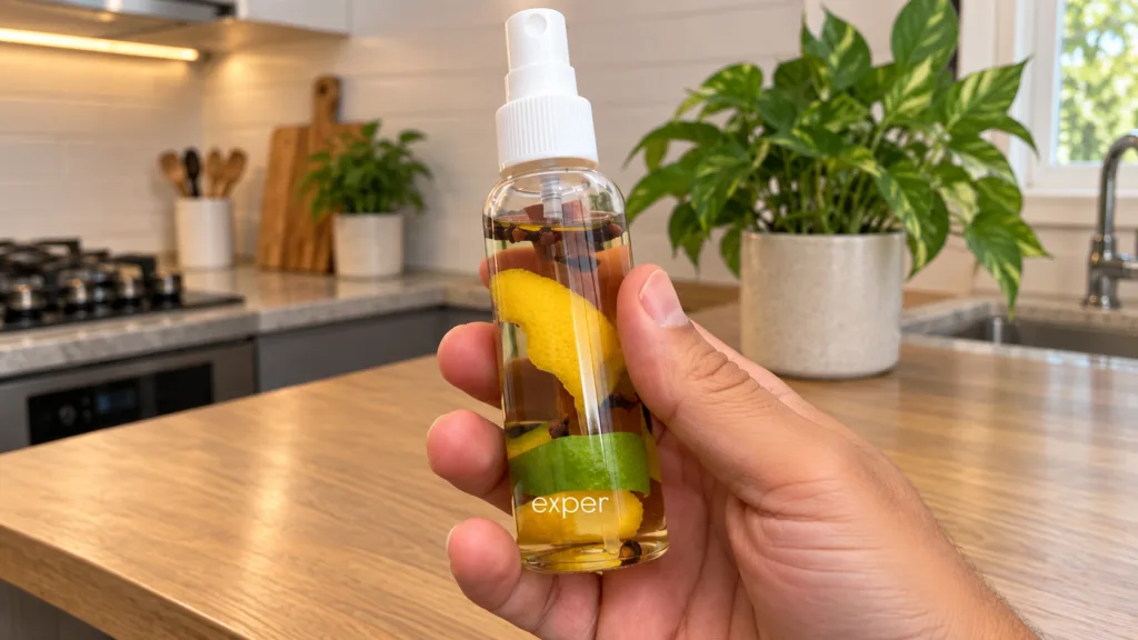 A clear spray bottle filled with a golden liquid lemon peel lime peel cinnamon sticks and cloves held by a hand in a kit