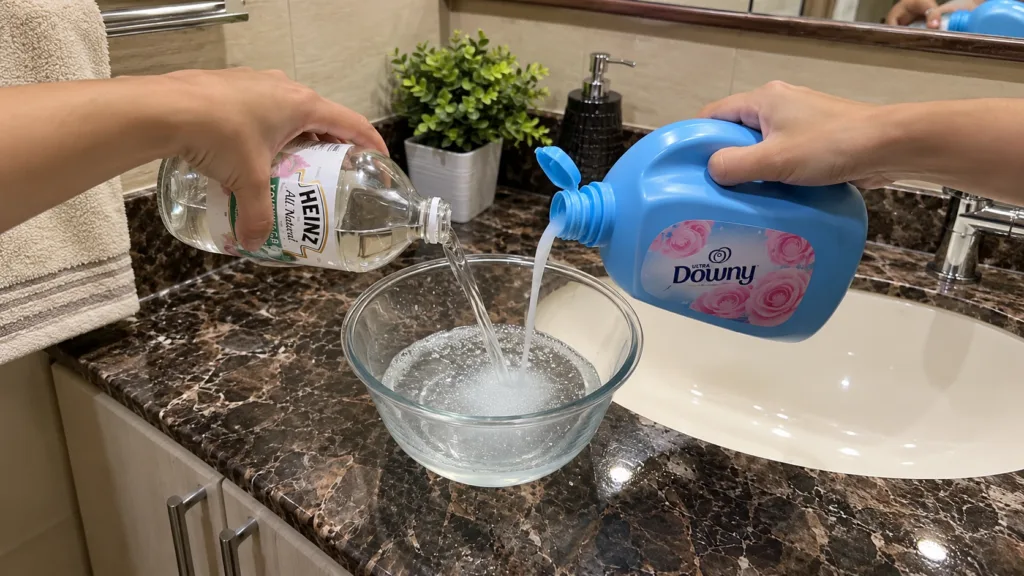 Hands pouring white vinegar and fabric softener into a glass bowl to mix them for a DIY cleaning solution