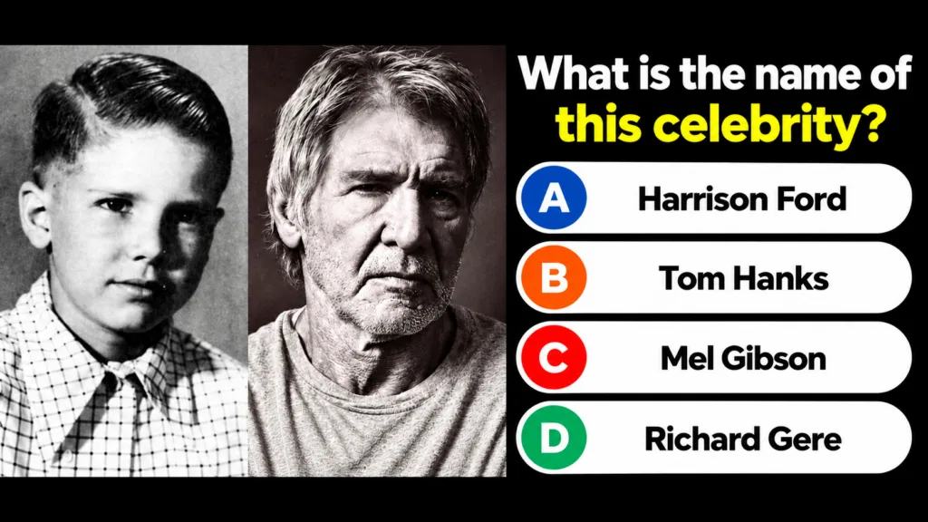 A celebrity identification quiz showing a split portrait of a young Harrison Ford and an older Harrison Ford with multip