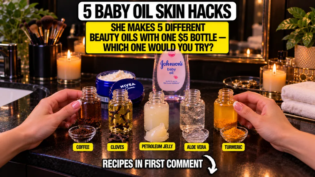 A flat lay display of Johnson s baby oil Nivea Creme and five small bottles containing mixtures of baby oil with coffee 