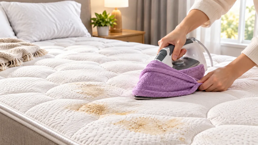 A close-up of a person s hands using an iron wrapped in a purple cloth to gently steam clean a stained white mattress Th