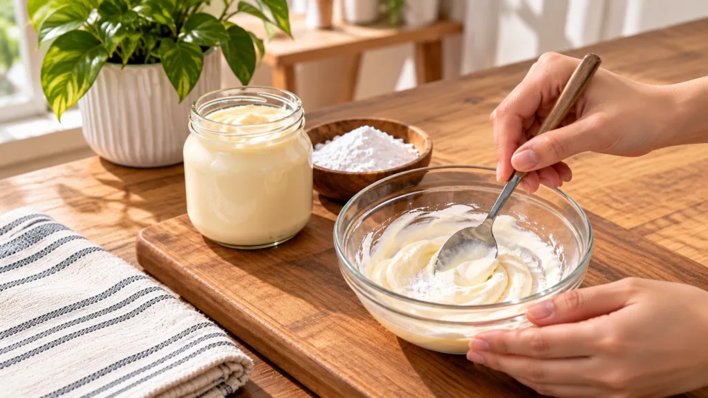 Hands gently stirring a creamy light brown beverage in a glass bowl with a spoon A jar of sweetener and powdered ingredi