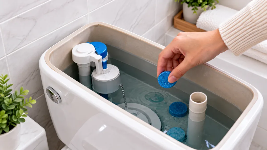 A hand dropping a blue toilet cleaning tablet into a toilet tank