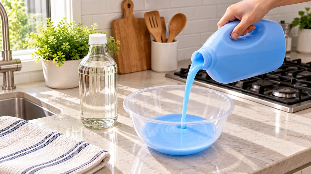 A hand pouring bright blue liquid from a bottle into a clear mixing bowl on a kitchen counter with other kitchen items i
