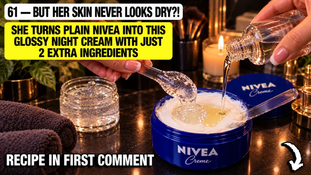 Close-up of a Nivea Creme jar being mixed with Squalane poured from a small bottle and Panthenol Gel scooped with a plas