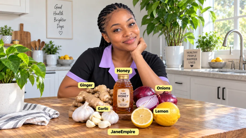 A smiling woman with braided hair and a natural glow surrounded by an array of fresh ingredients ginger garlic a bottle 