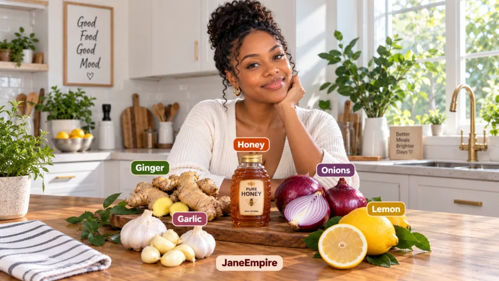 A smiling woman with curly hair in a bright kitchen with fresh ingredients like honey ginger garlic red onions and lemon