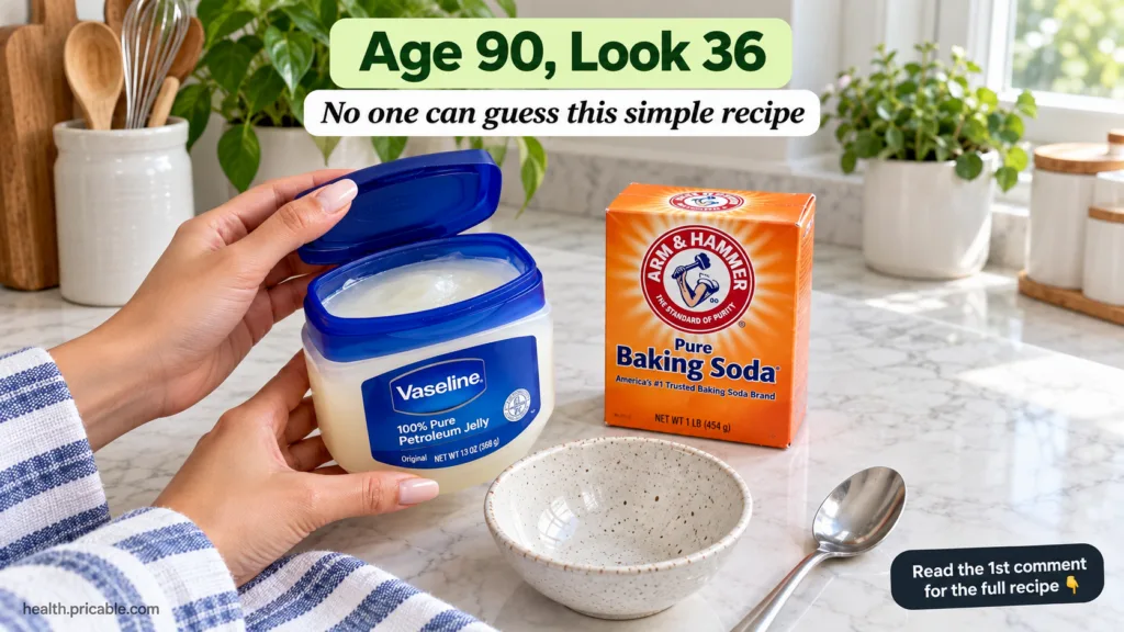 A close-up overhead shot of a person s hands holding an open jar of Vaseline next to a box of baking soda with a ceramic