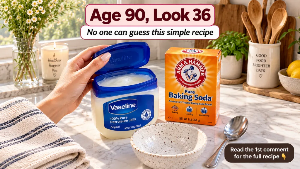 A hand holding an open jar of Vaseline next to a box of baking soda with a ceramic bowl and spoon on a well-lit countert