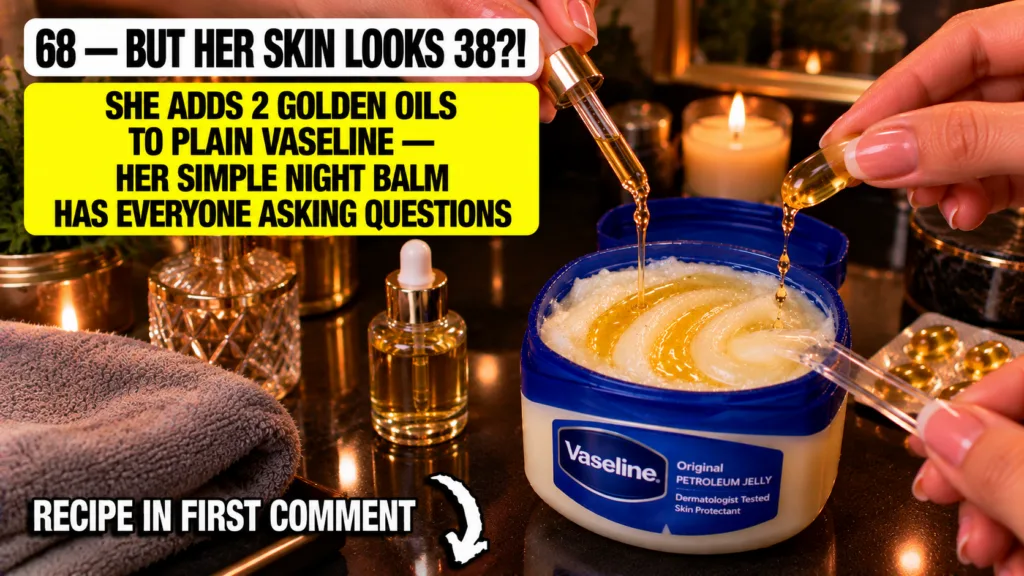 A close-up top-down view of an open jar of Vaseline with golden Jojoba oil being dripped into it from a glass pipette he