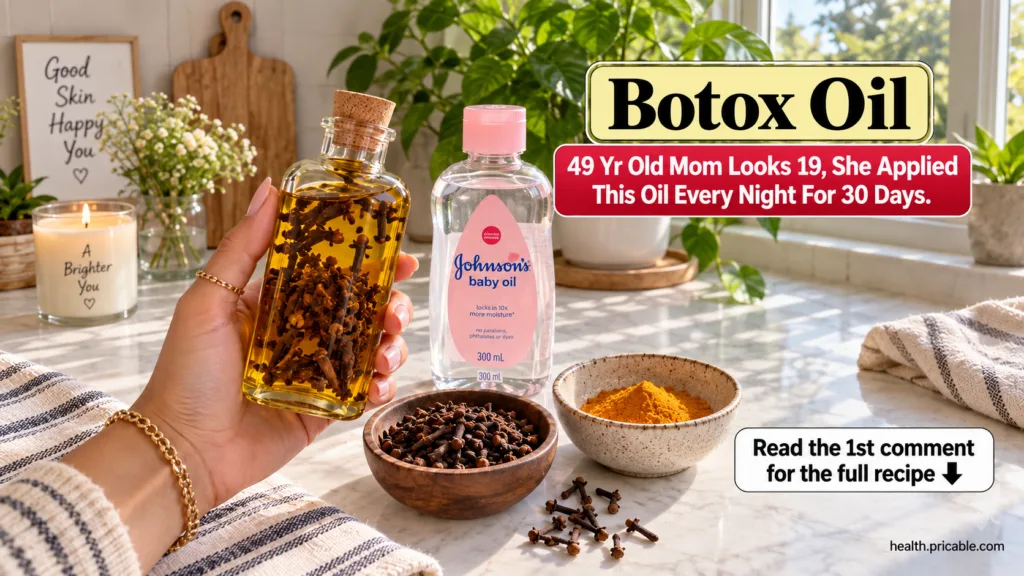 A hand holding a glass bottle filled with oil and cloves alongside a bottle of baby oil a wooden bowl of dry cloves and 