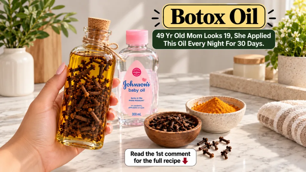 A hand holding a clear glass bottle filled with golden liquid and dried cloves alongside a bottle of baby oil bowls of c