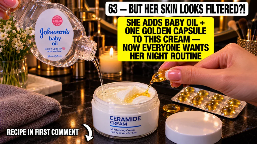 Hands mixing Johnson s baby oil and a golden vitamin E capsule into a jar of ceramide cream The background is warm and c