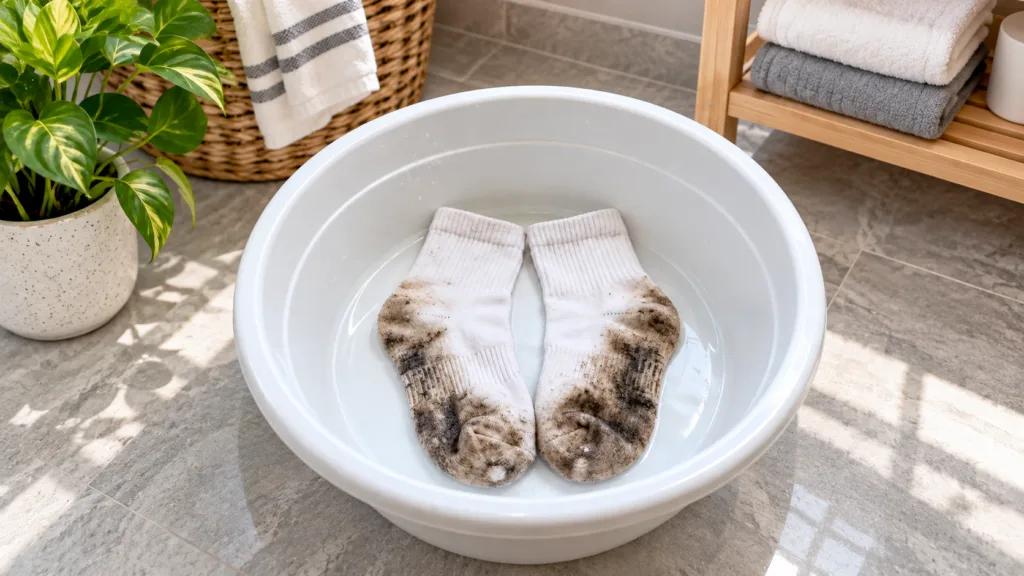 Extremely dirty white socks soaking in a white basin filled with water with laundry items in the background