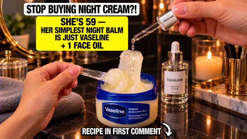 A hand using a dropper to mix squalane oil into a container of Vaseline petroleum jelly with a small spatula inside the 