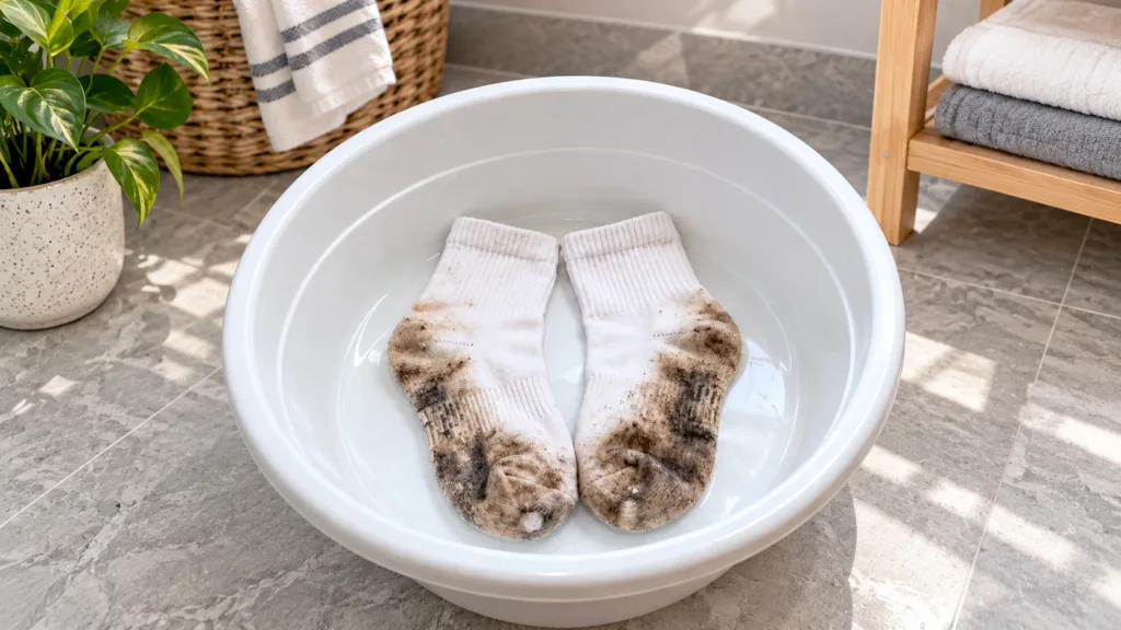 Dos calcetines blancos muy sucios en remojo en agua clara dentro de un recipiente blanco con un fondo de baño o lavadero