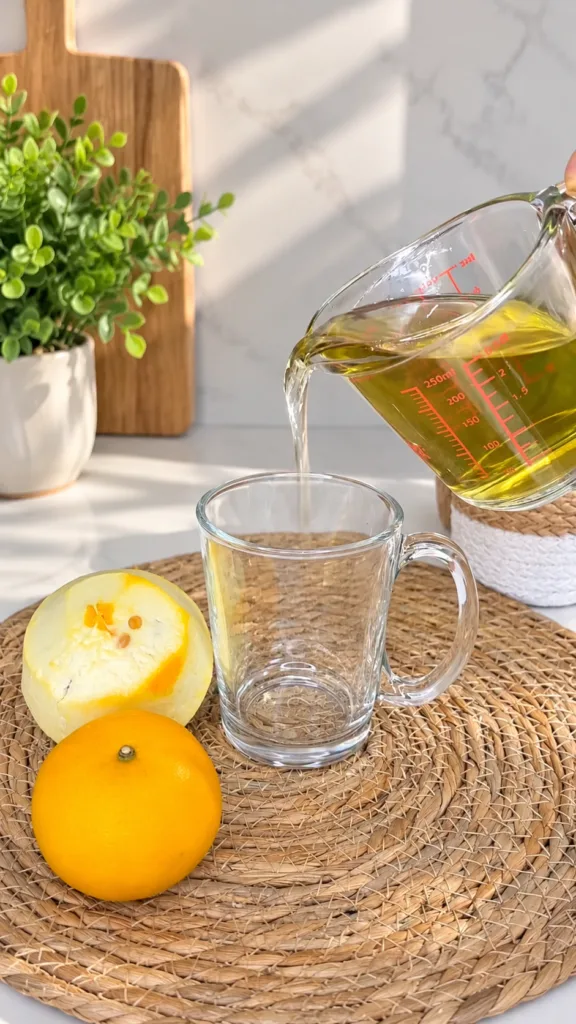 Un vaso medidor de vidrio vierte un líquido dorado en una taza de vidrio vacía con una naranja entera y una a medio pela