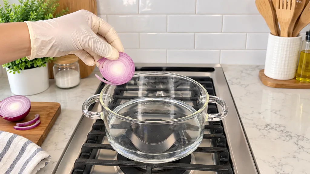 A gloved hand holding a vibrant purple red onion ring over a clear glass bowl with water on a stovetop