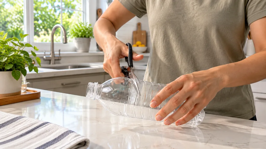 Hands cutting a plastic bottle with scissors on a kitchen counter with greenery in the background