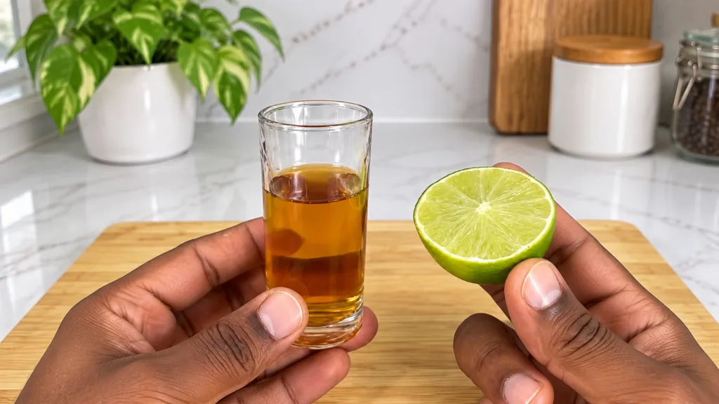 Hands holding a clear shot glass with an amber liquid and a freshly cut lime half against a blurred kitchen background