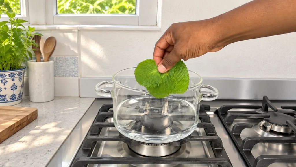A dark-skinned hand gently placing vibrant green textured lemon verbena leaves into a clear glass pot of water on a gas 