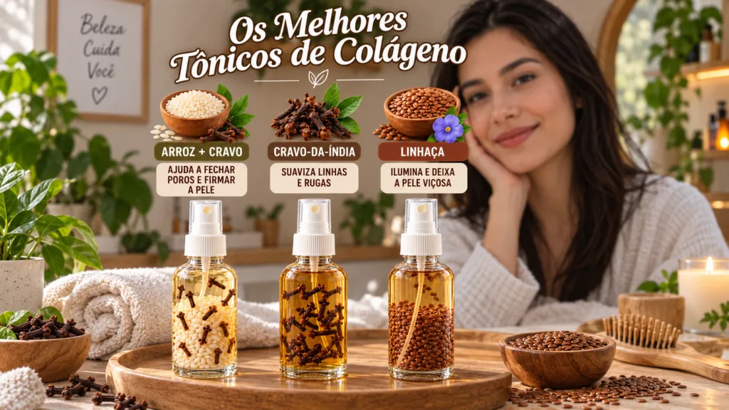 Three clear spray bottles with homemade toners rice cloves flax seeds next to bowls of their raw ingredients with a blur