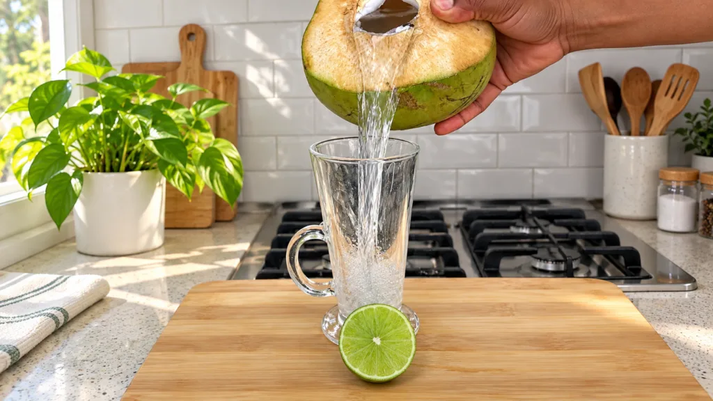 A hand pouring fresh coconut water from a halved green coconut into a tall clear glass with a vibrant green lime slice o