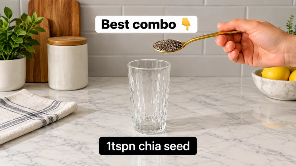 A hand holding a golden spoon full of chia seeds over an empty textured glass on a marble kitchen counter