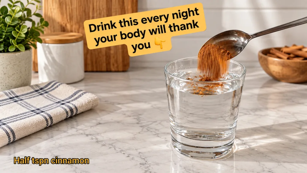 A glass of water on a marble kitchen counter with a spoon adding cinnamon powder into the water with a wooden cutting bo