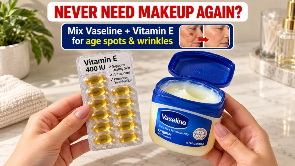 Two hands holding Vitamin E capsules and an open jar of Vaseline with a before-and-after visual illustrating the anti-ag