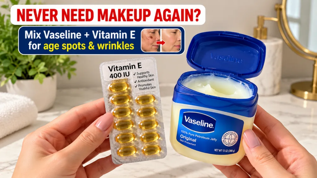 Two hands holding a blister pack of Vitamin E capsules and an open jar of Vaseline Original Petroleum Jelly against a ne